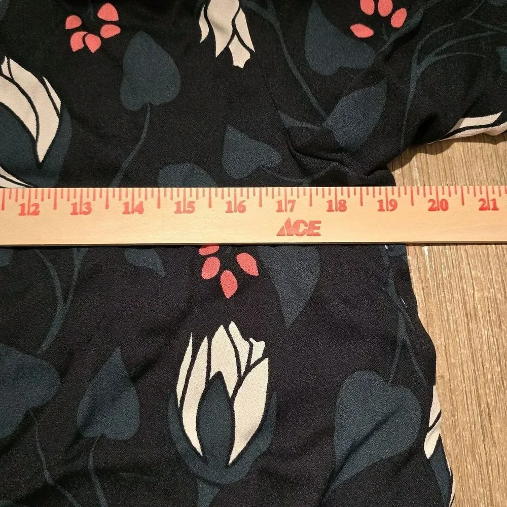 Kate Spade Deco Bloom Crepe Blouse Black Floral Lotus‎ Size M